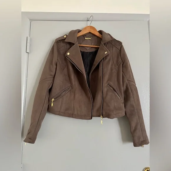 J2 by Jou Jou vegan leather moto biker jacket tan full zip women's size M - Picture 5 of 10